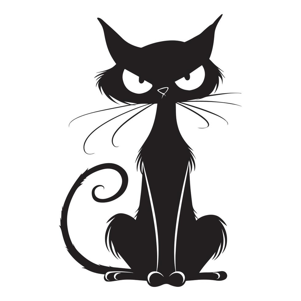 a whimsical black cat illustration in black and white vector
