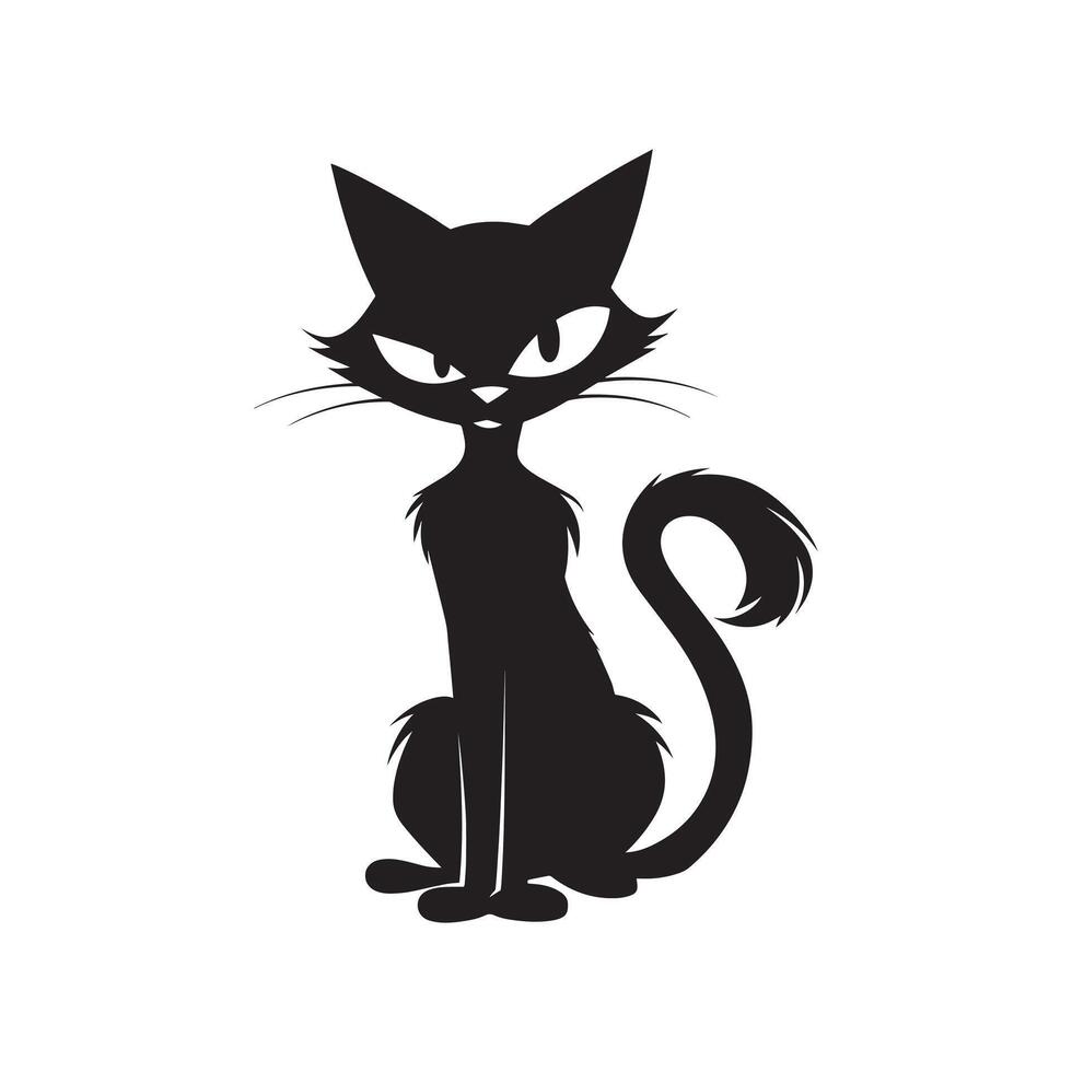 a whimsical black cat illustration in black and white vector