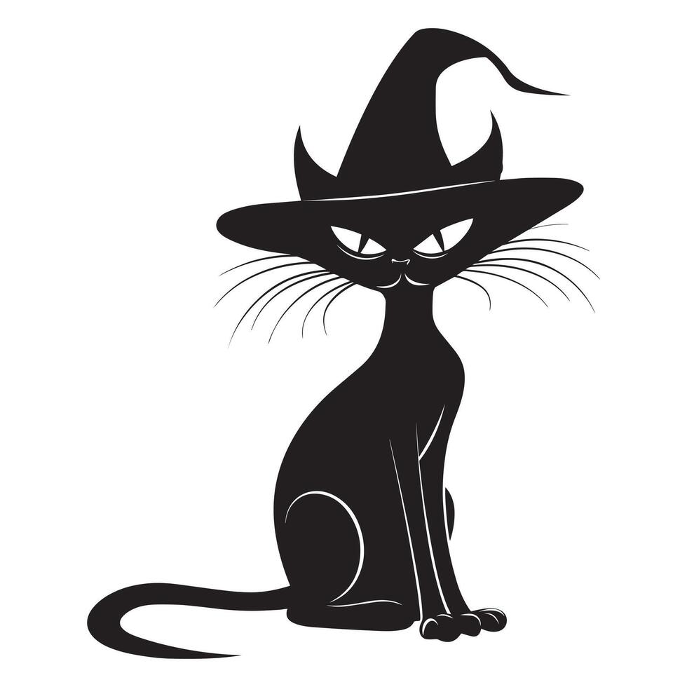 a whimsical black cat illustration in black and white vector