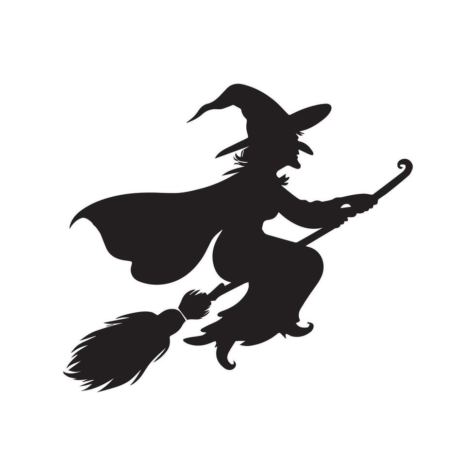 a creepy witch flying on a broomstick silhouette vector