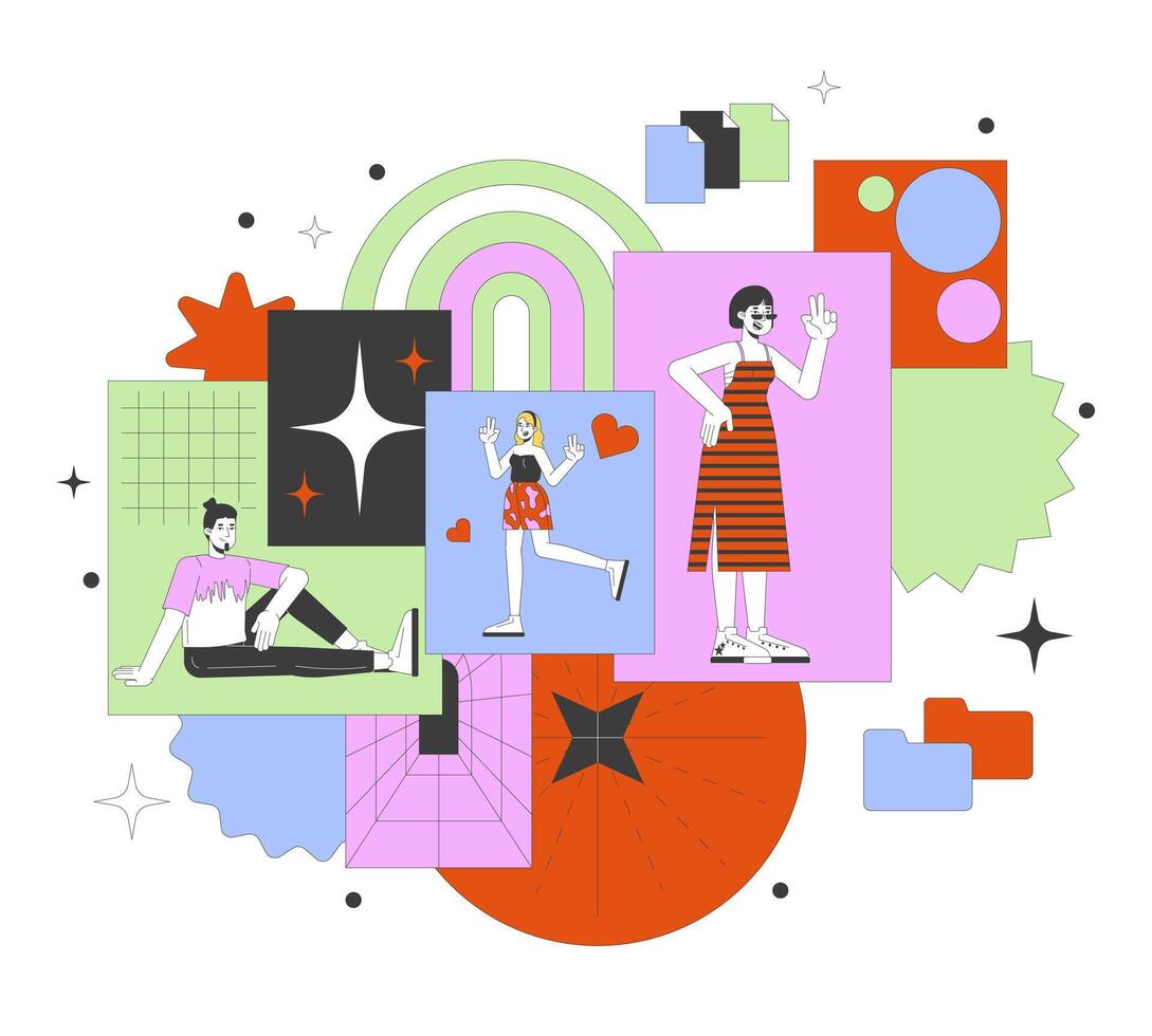 Multiethnic people having fun 2D linear illustration concept. Spreading joy and happiness feelings cartoon characters isolated on white. Positive metaphor abstract flat outline graphic vector