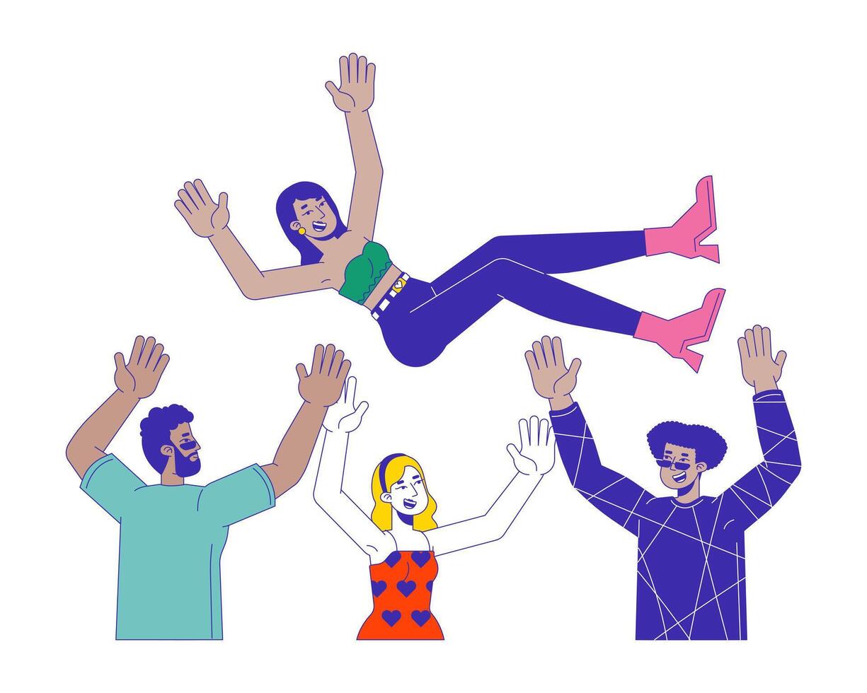 Joyful multiracial friends throwing hindu female in air 2D linear cartoon characters. Diverse students at party isolated line people white background. Having fun color flat spot illustration vector