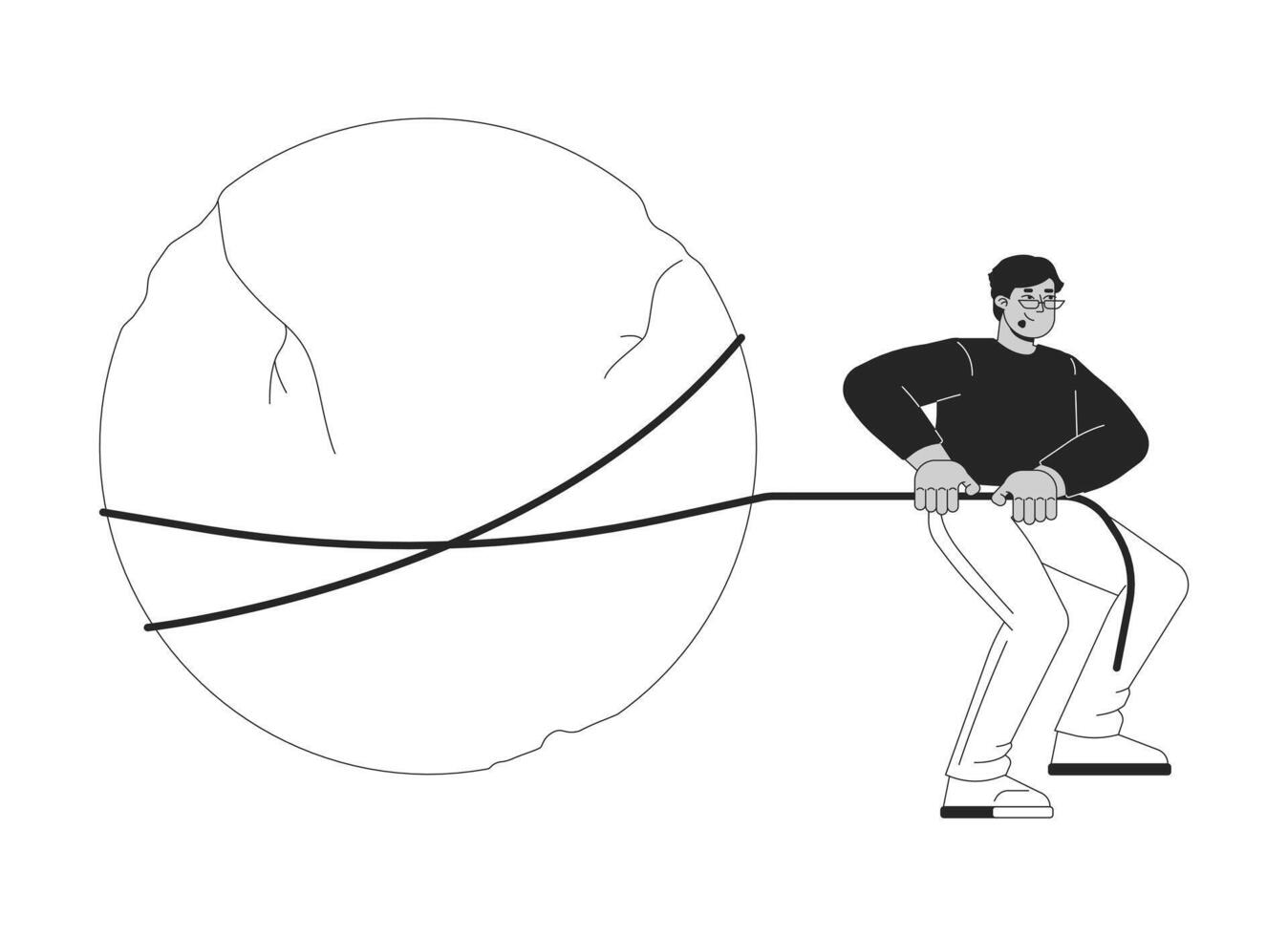 Arab man tied to large rock 2D linear cartoon character. Middle eastern male pulling heavy stone isolated outline person. Hard working for result monochromatic flat spot illustration vector