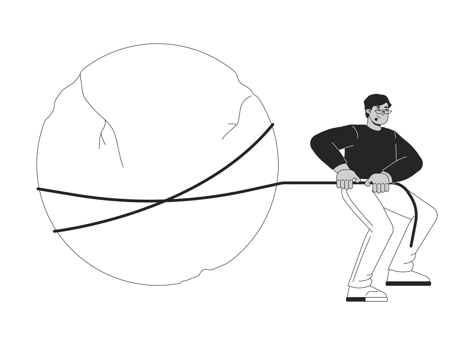 Arab man tied to large rock 2D linear cartoon character. Middle eastern