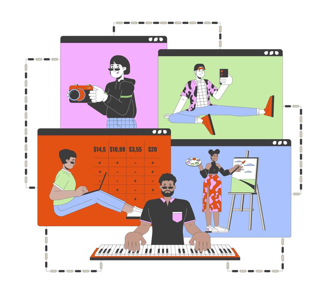 Remote work 2D linear illustration concept. Multiethnic people with home based jobs cartoon characters isolated on white. Telecommuting services metaphor abstract flat outline graphic vector