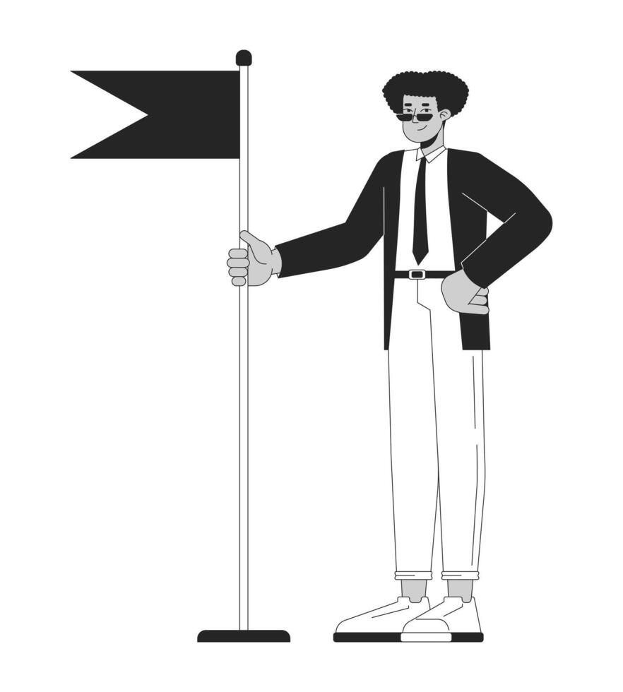 Happy latin american man holding flag 2D linear cartoon character. Confident hispanic male leader isolated outline person. Leadership development monochromatic flat spot illustration vector