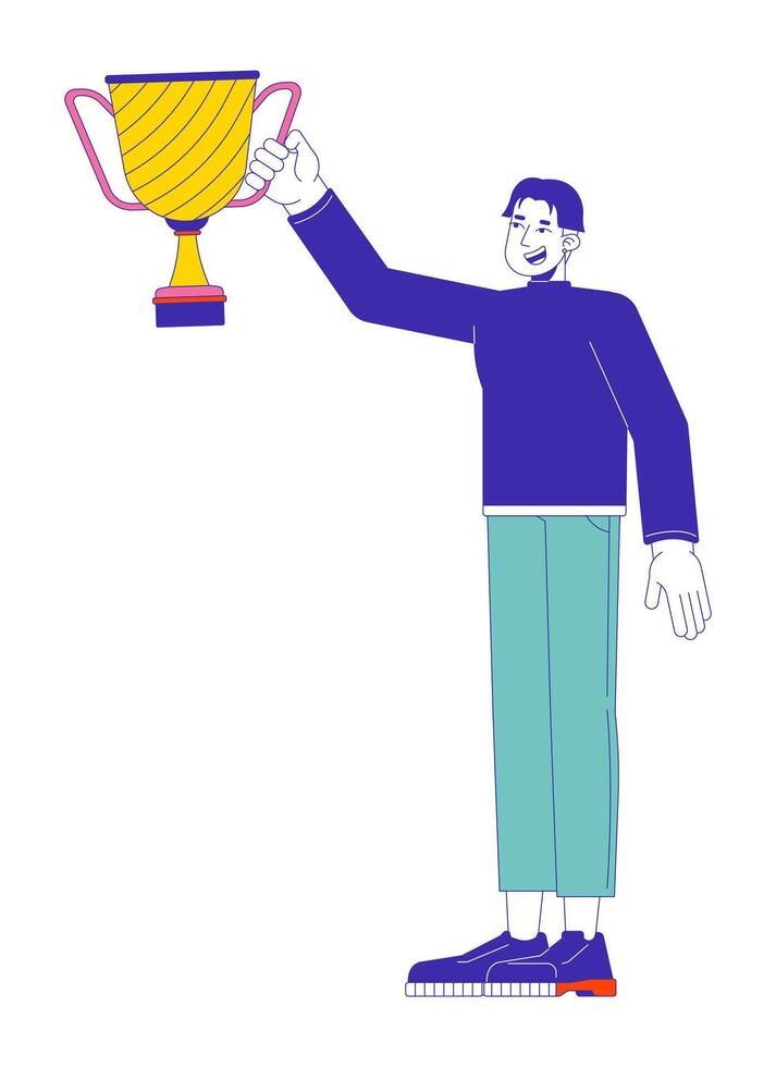 Smiling asian man showing winner bowl 2D linear cartoon character. Korean male celebrating victory isolated line person white background. Leadership achievement color flat spot illustration vector