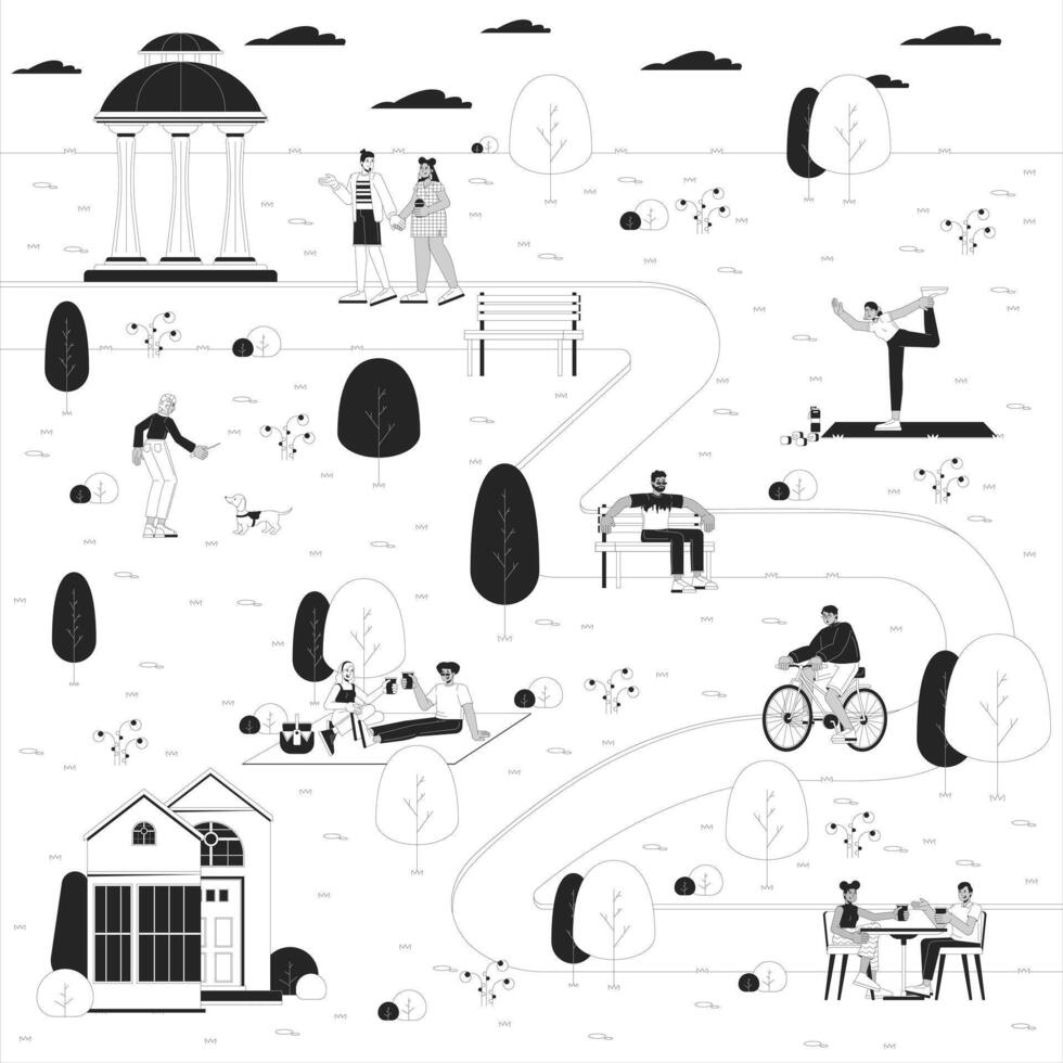 Walkable city black and white line illustration. Nature place in town. Multiracial adults resting in urban park 2D character monochrome background. Summer public garden outline scene image vector