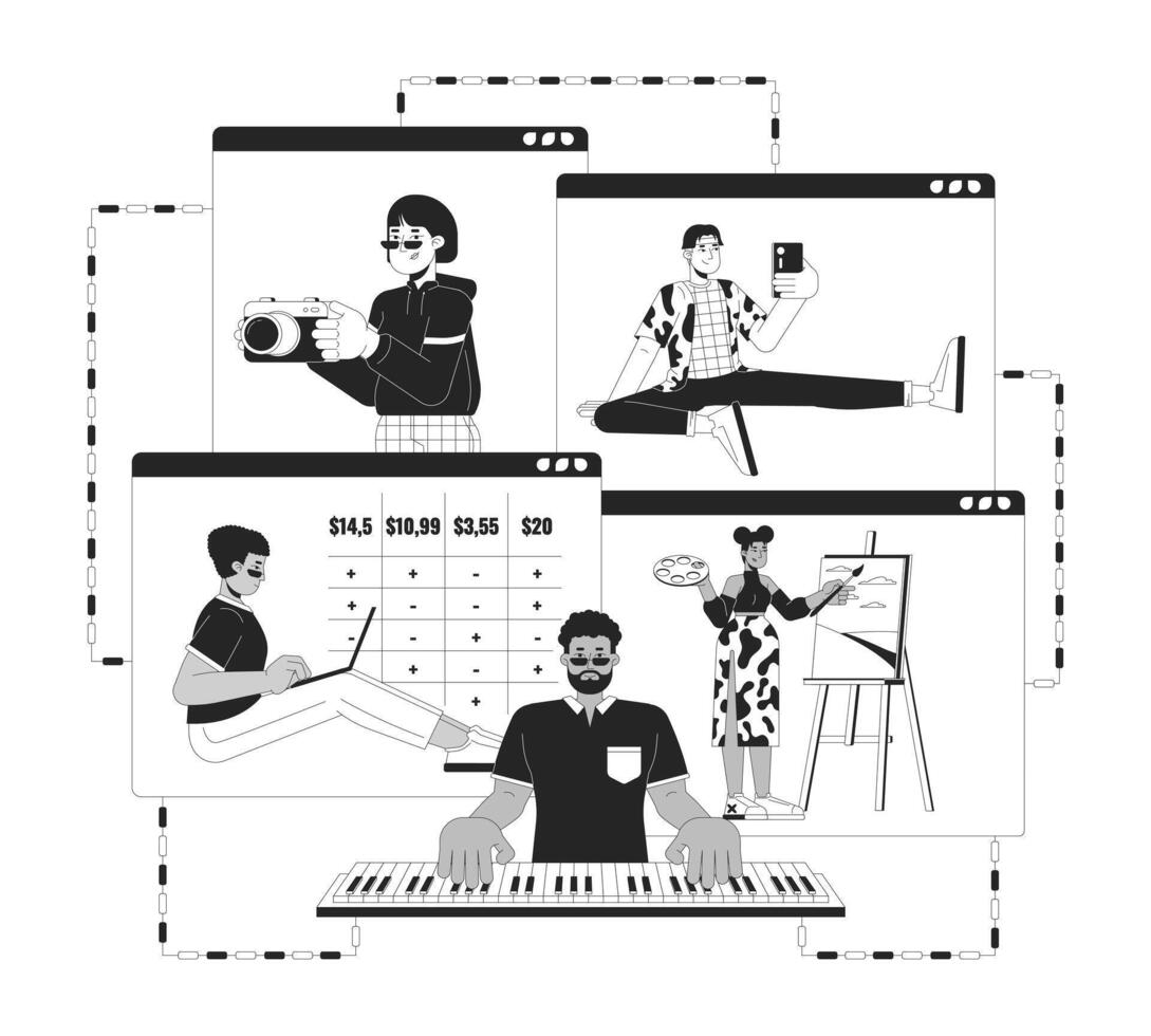 Remote work black and white 2D illustration concept. Multiethnic people with home based jobs cartoon outline characters isolated on white. Telecommuting services metaphor monochrome art vector