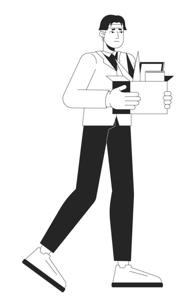 Young asian man getting unemployed black and white 2D line cartoon character. Japanese male with belongings isolated outline person. Firing staff problem monochromatic flat spot illustration vector