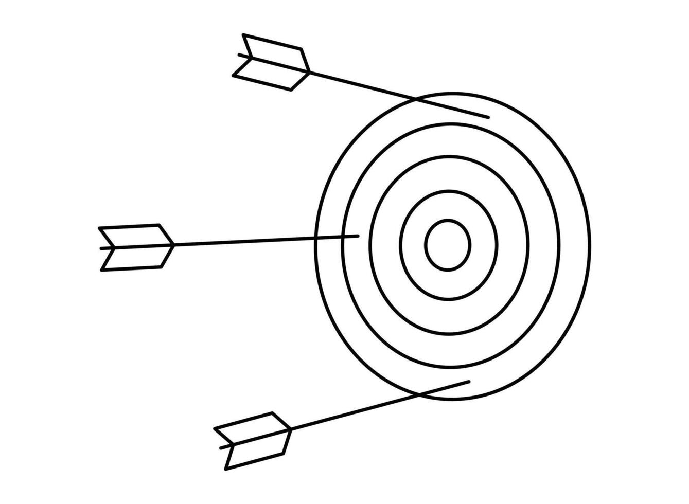 Hand drawn cute outline illustration of arrow miss center of target. Flat doodle failure shot. Wrong strategy line art icon. Unsuccessful attempt. Finding solution. Lost opportunity. Isolated. vector