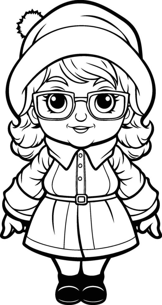 illustration of a cartoon girl in winter clothes. Coloring book for children. vector