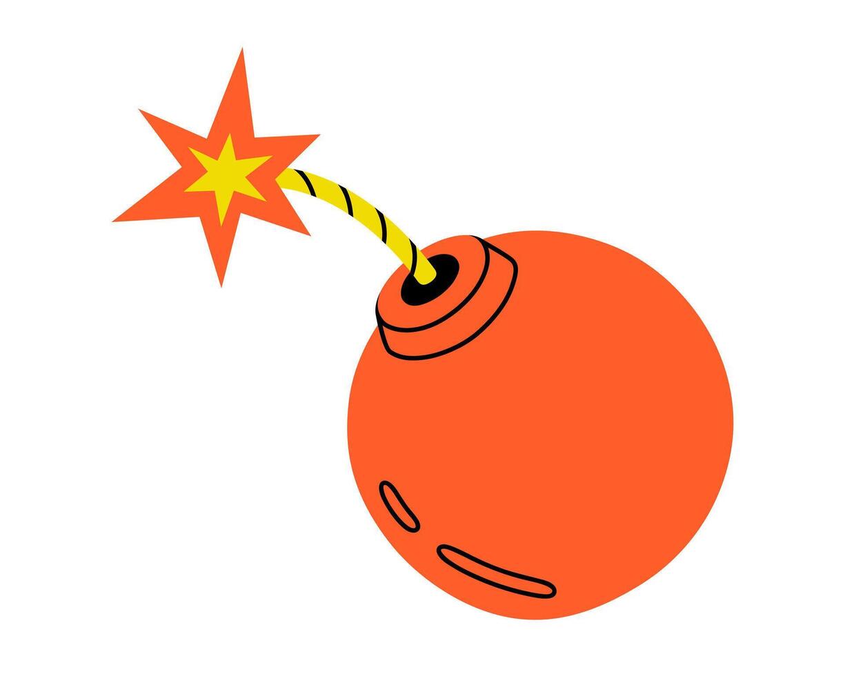 Hand drawn cute cartoon illustration of bomb with a burning wick. Danger explosive weapon. Flat stress or problem in doodle style. Planning or time management icon. Event deadline. Isolated. vector