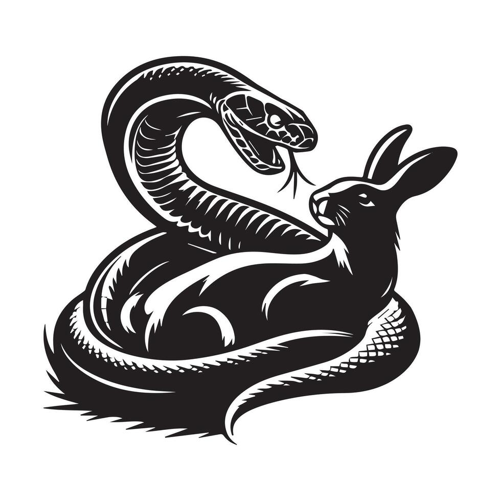 A snake hunting a rabbit illustration in black and white vector