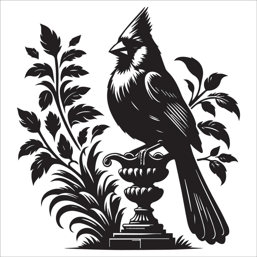 A Northern cardinal bird perched on an ornate garden statue illustration in black and white vector