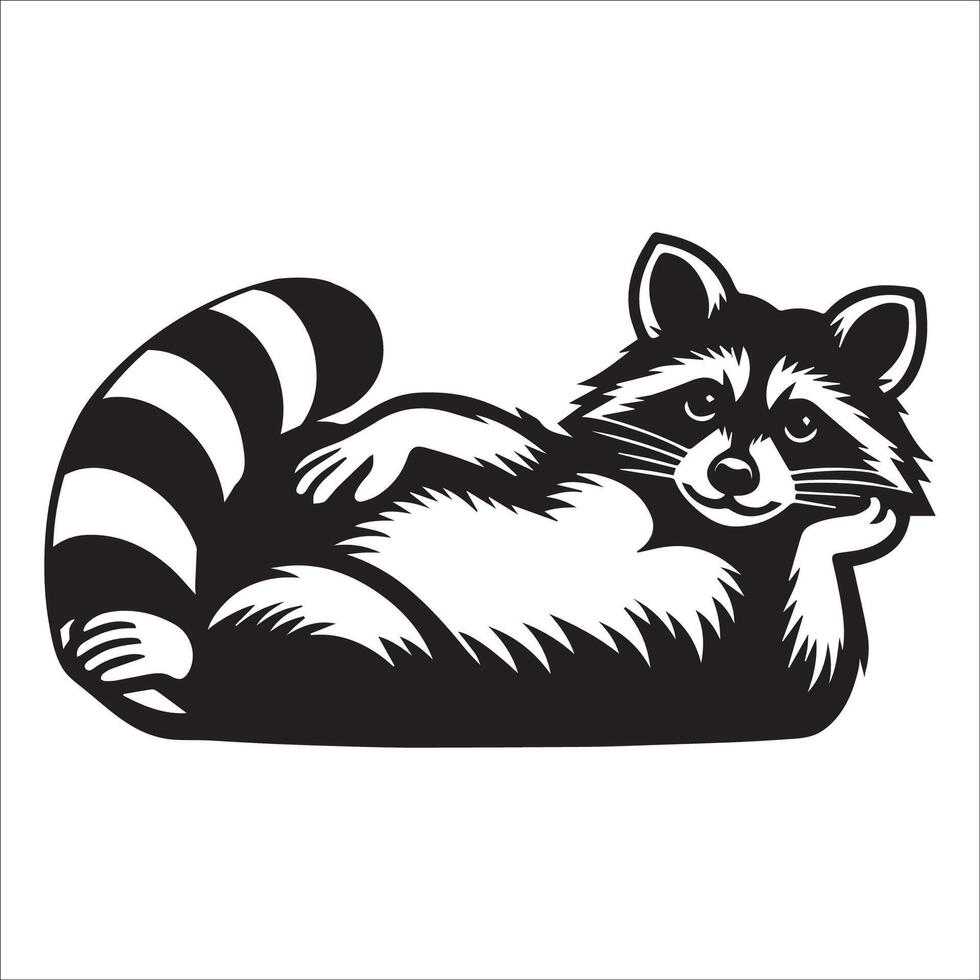 A raccoon lounging on its back illustration in black and white vector
