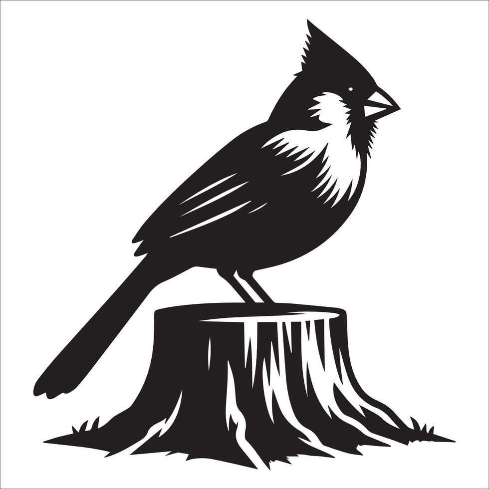 A Northern cardinal bird in a majestic pose on a tree stump illustration in black and white vector