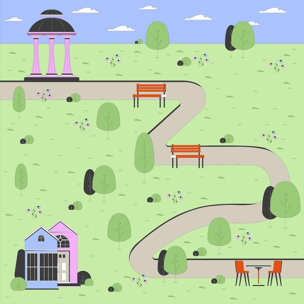 Spring city park cartoon flat illustration. Comfortable place to rest on nature at urban area 2D line landscape colorful background. Public garden waiting for guests scene storytelling image vector