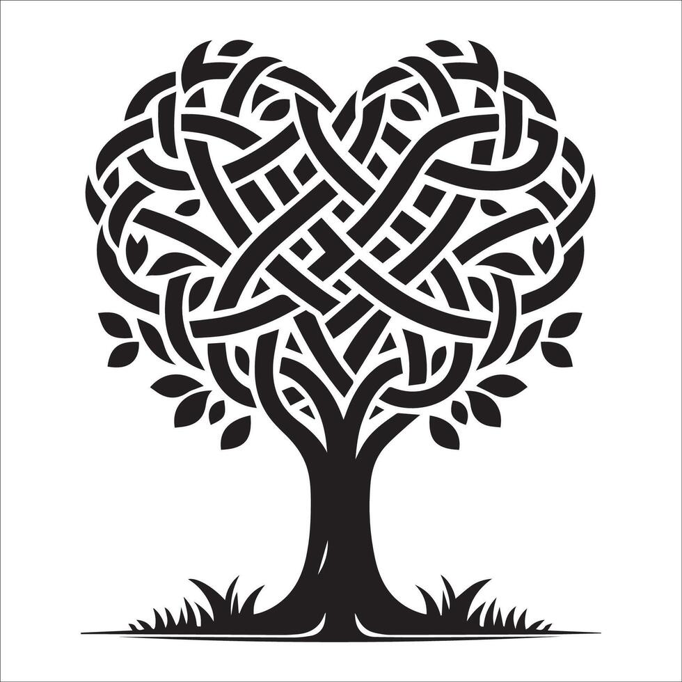 A Celtic tree with branches forming a heart shaped knot illustration in black and white vector