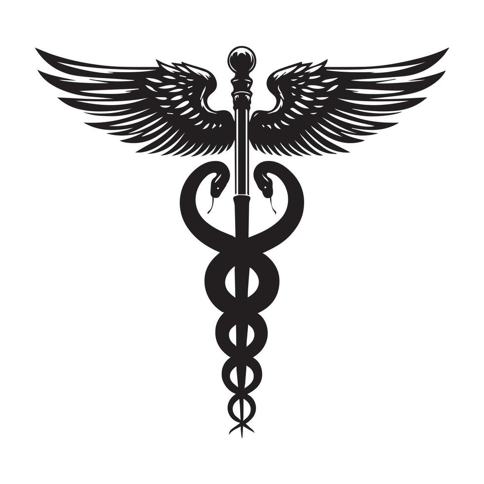 Caduceus symbol illustration in black and white vector