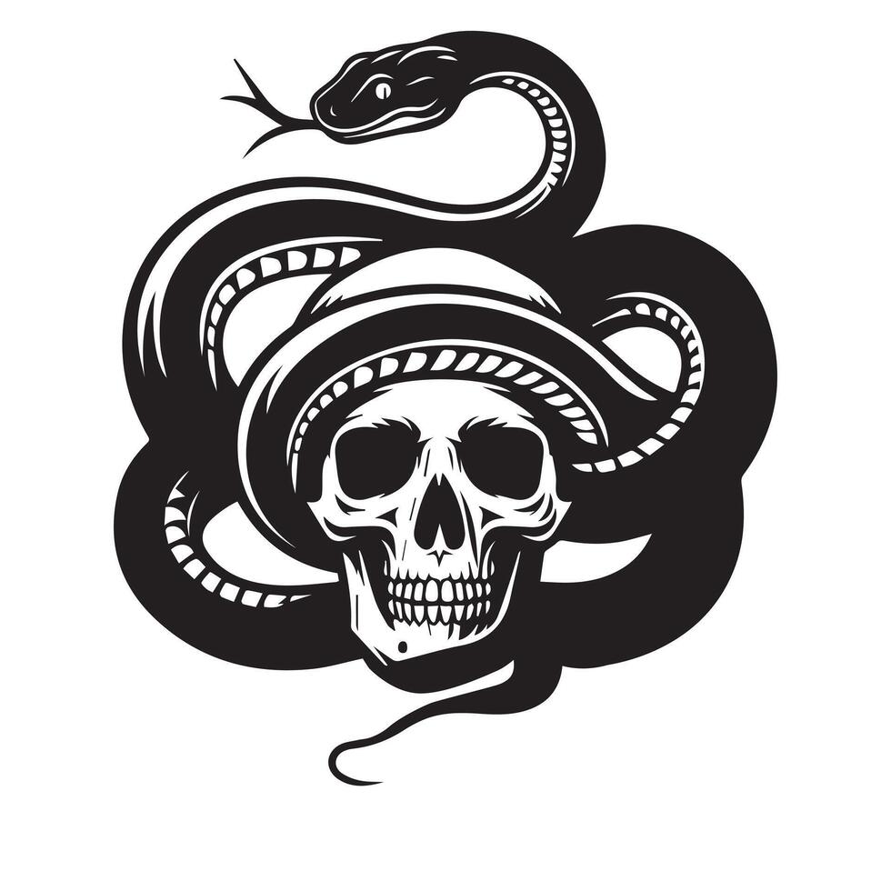 a snake on a skull illustration in black and white vector