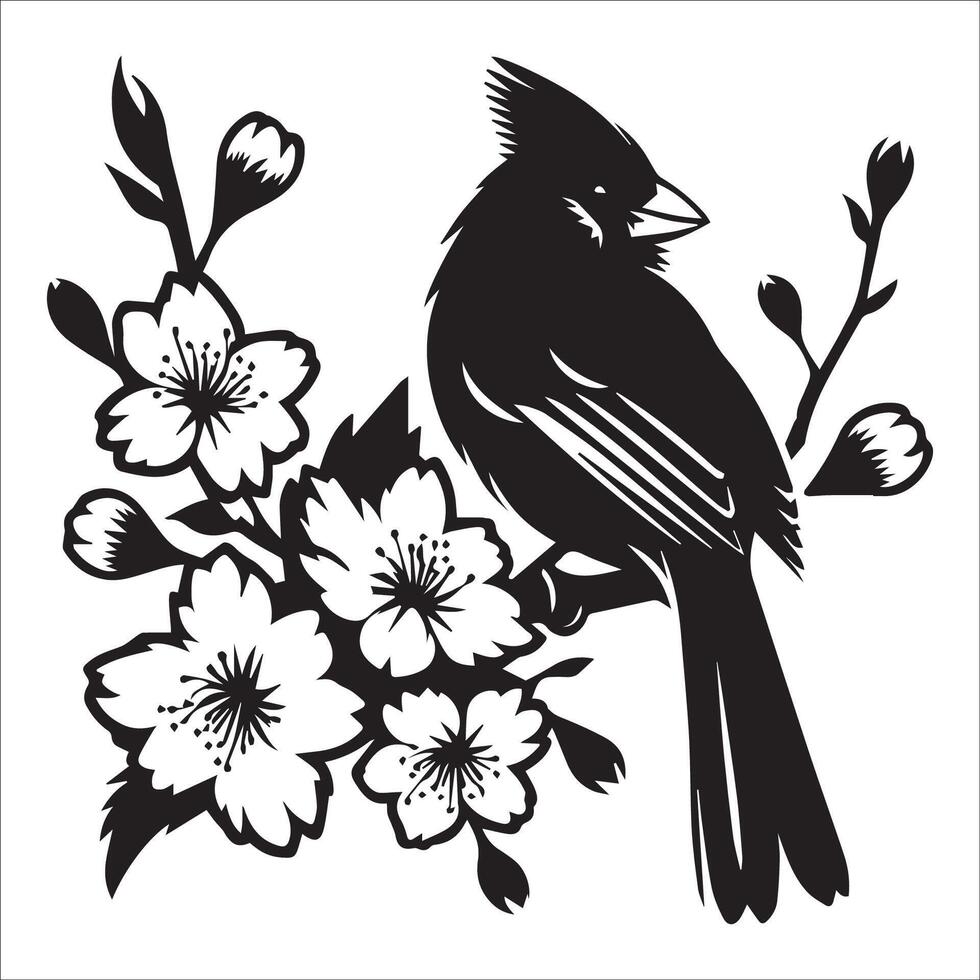 A Northern cardinal bird perched majestically on a blooming cherry illustration vector