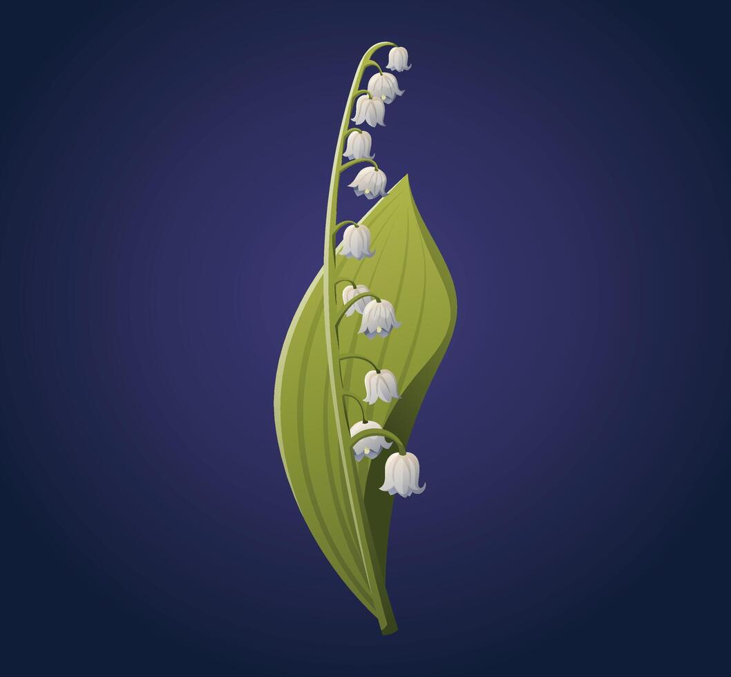 White delicate lily of the valley flowers on a stem with green leaves. isolated cartoon floral illustration. vector