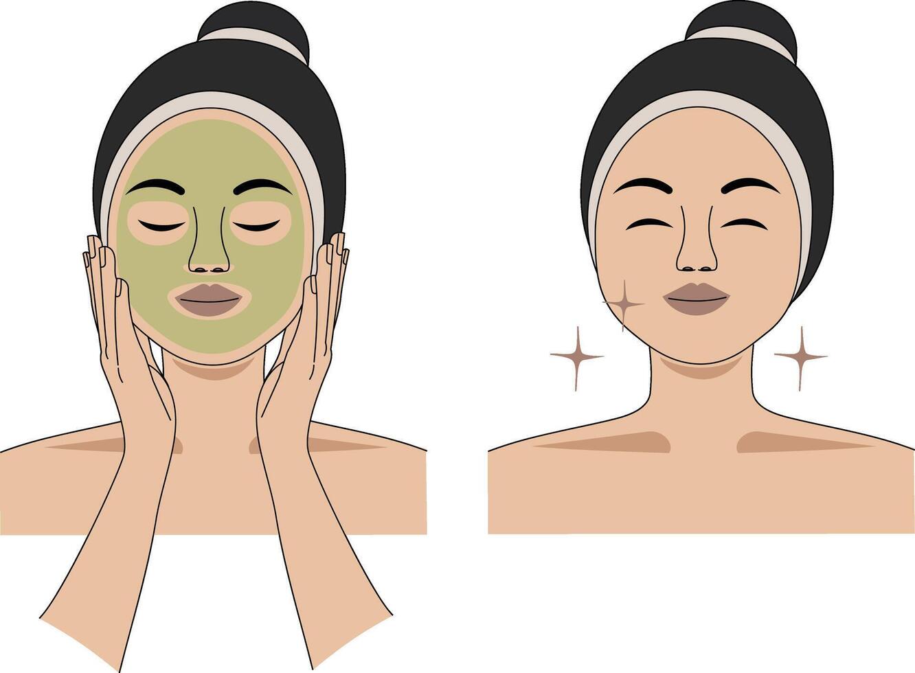 A young Asian girl applying a facial mask, reveling in the refreshing after-effects, showcasing her clean, healthy, and radiant skin, a testament to the benefits of skincare vector