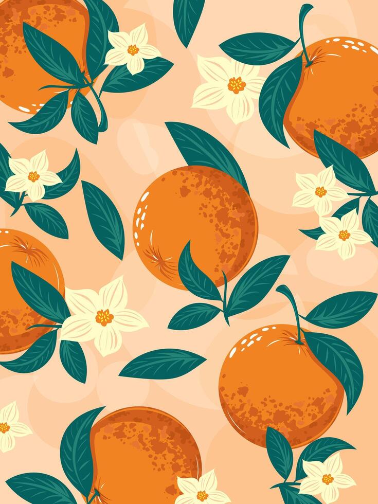 A fresh and vibrant peach-colored background featuring simple flat oranges, blooming flowers, and green leaves, perfect for a lively and natural themed cover. vector