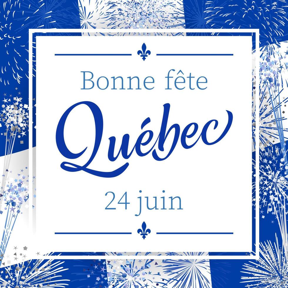Happy Quebec Day square greeting card. Happy holidays Quebec, June 24. Festive blue background with realistic fireworks, waving flag and clipping mask. Isolated elements. vector