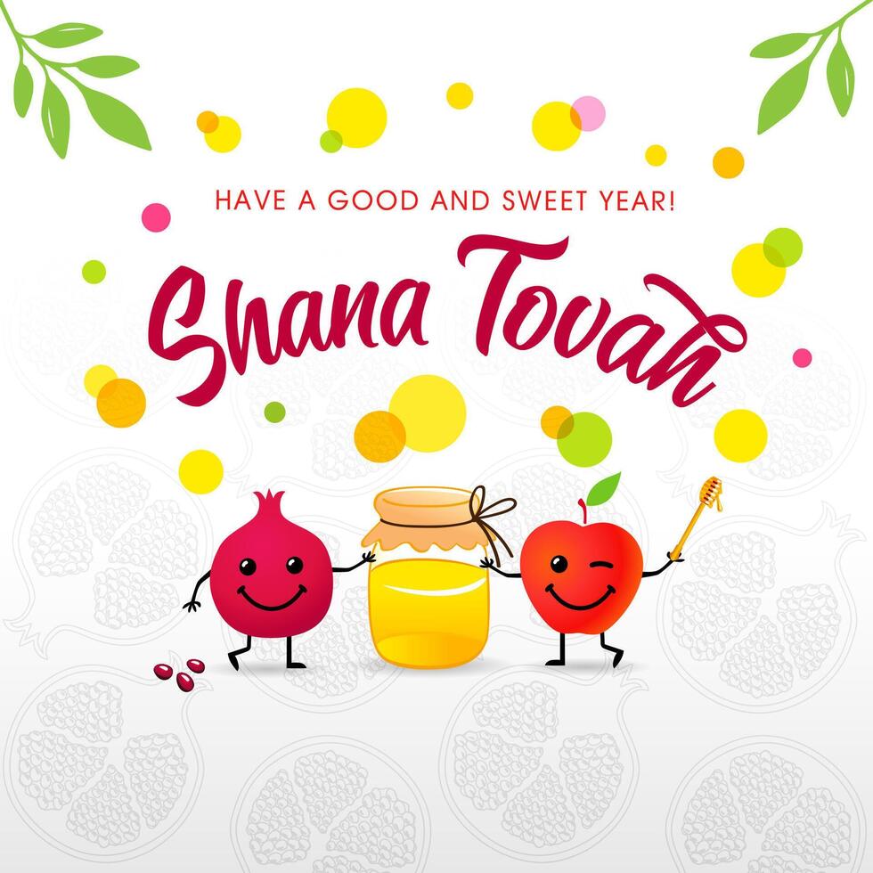Shana Tovah 2024 holiday card with funny pomegranate, red apple as emoji icons and honey vector