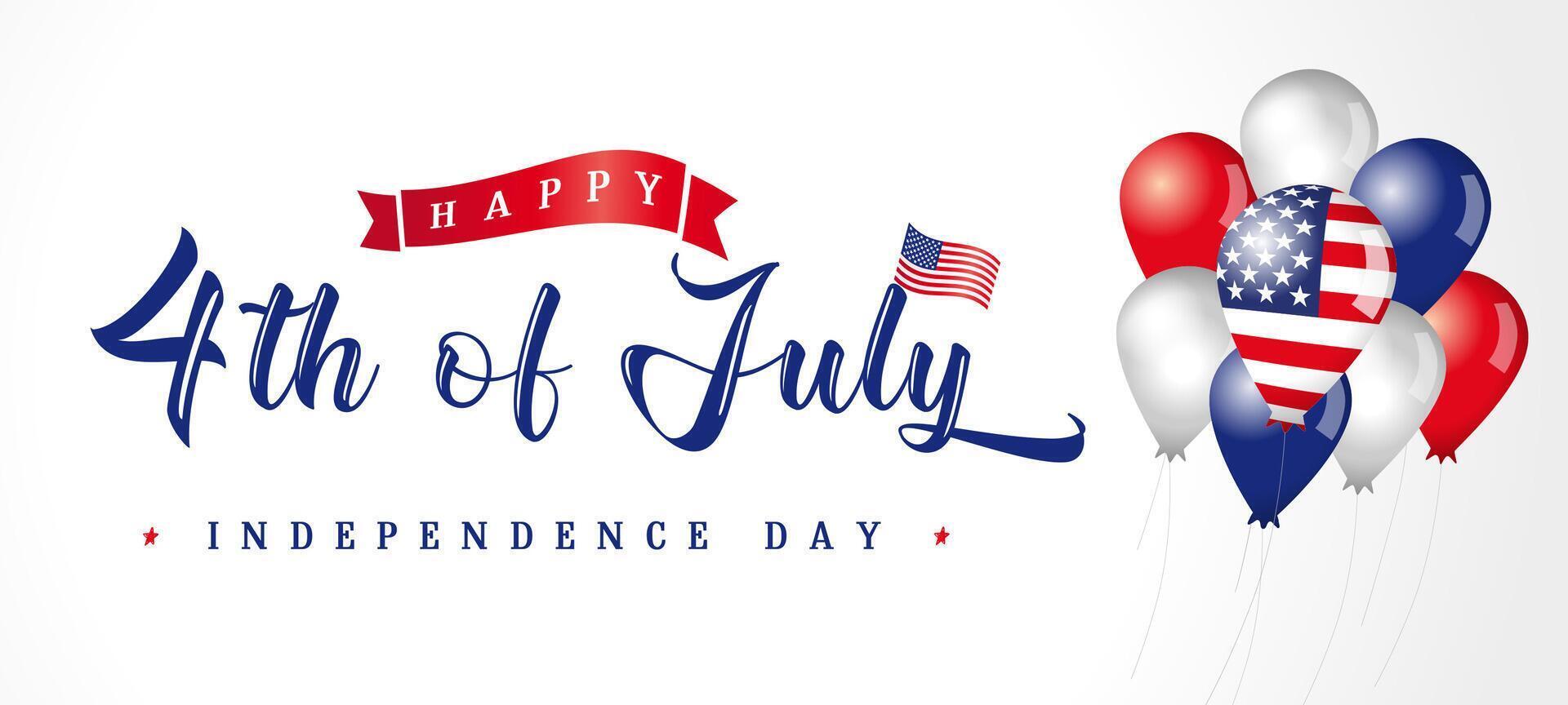 4th of July greeting card with 3D balloons. Horizontal banner. US Independence Day congrats vector