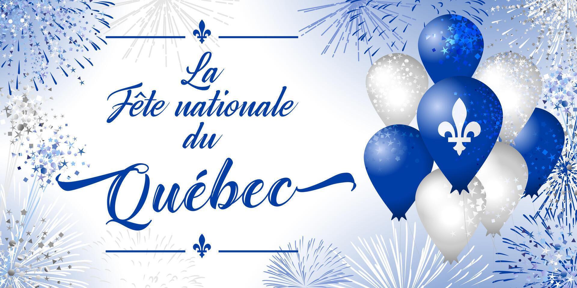 Quebec's National Holiday. French greetings. Social media poster. Greeting card design with shiny fireworks and 3D balloons vector