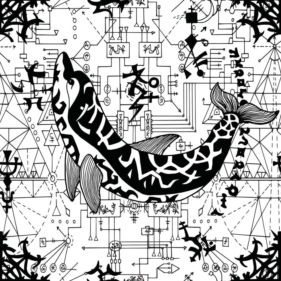 Seamless pattern with dolphin and mysterious symbols of sacred geometry vector