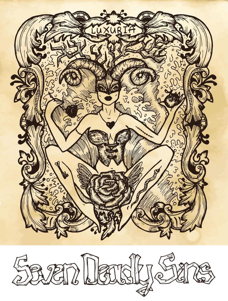 Lust. Latin word Luxuria means Passion, sexual desire. Seven deadly sins concept on texture background vector
