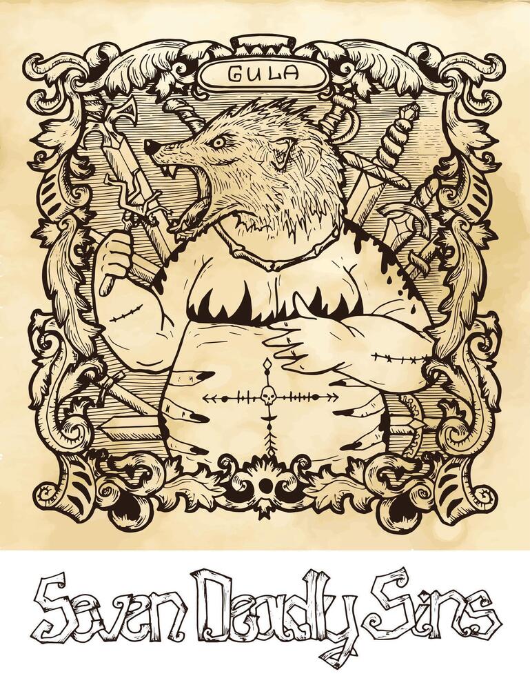 Gluttony. Latin word Gula means Obesity. Seven deadly sins concept on texture background vector