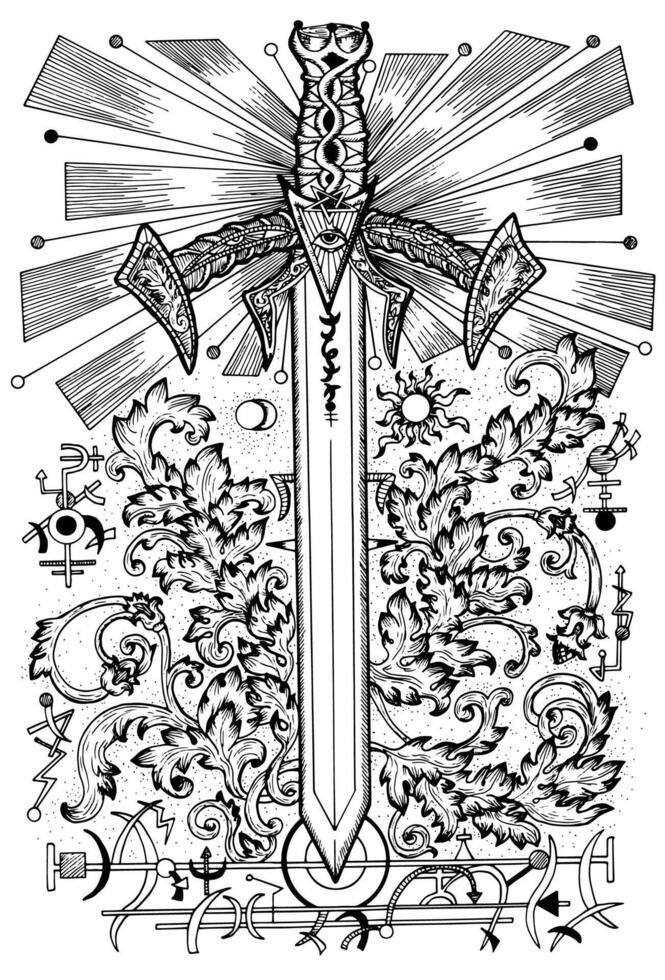 Graphic illustration with sword and mysterious symbols vector