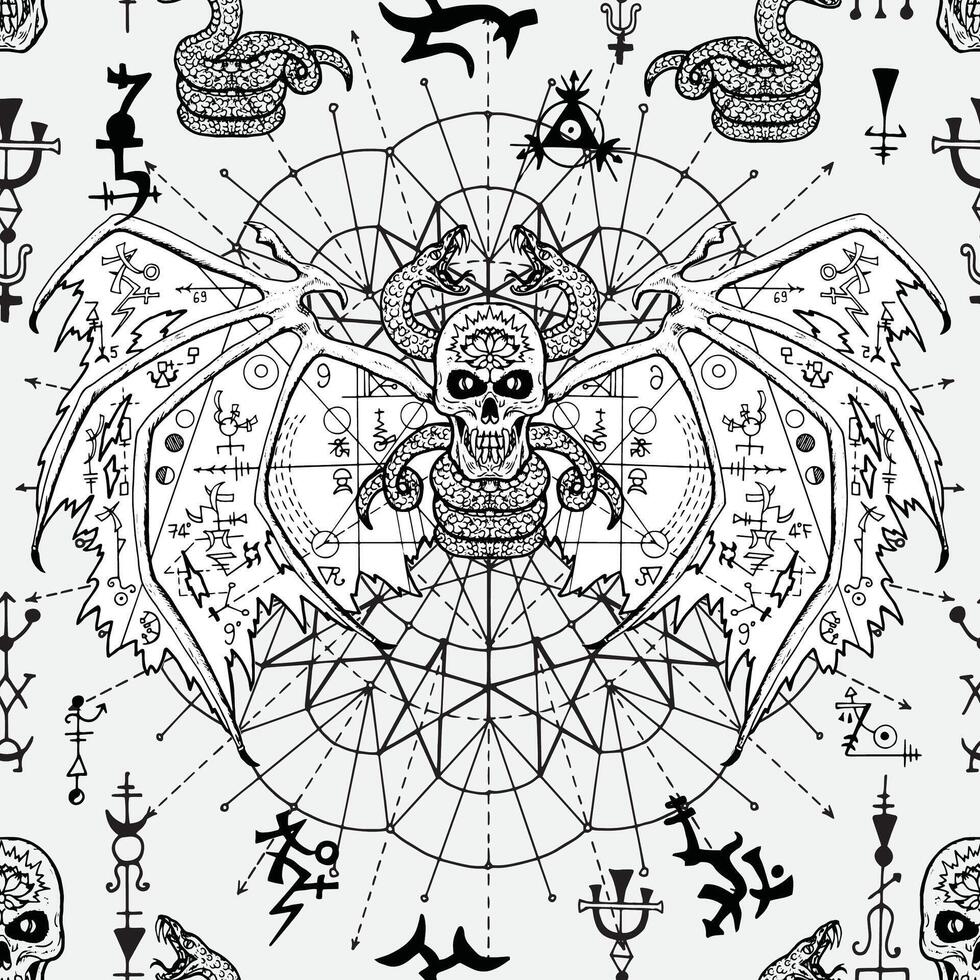 Seamless pattern with demon and mysterious symbols of sacred geometry vector