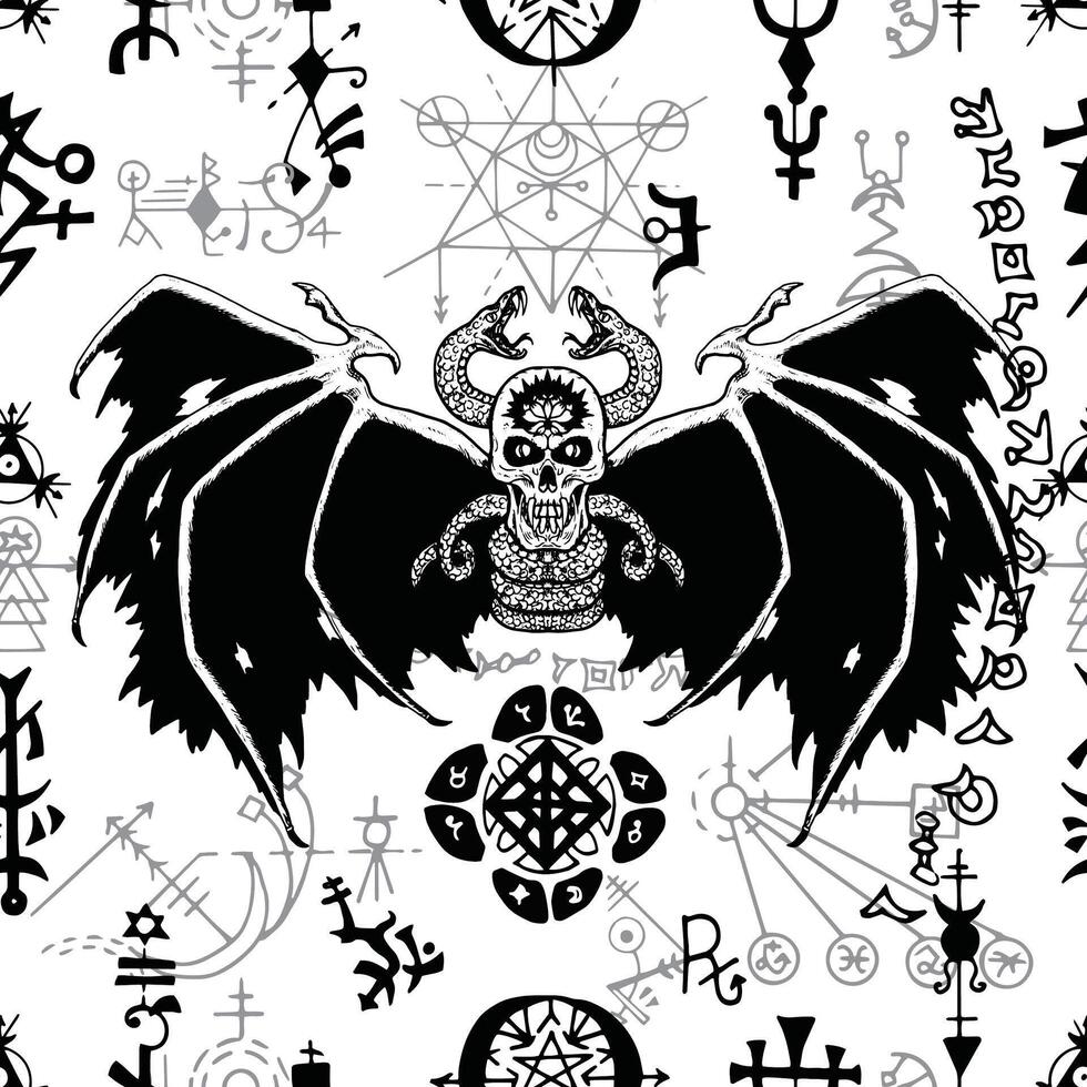 Seamless pattern with demon and mysterious symbols of sacred geometry vector