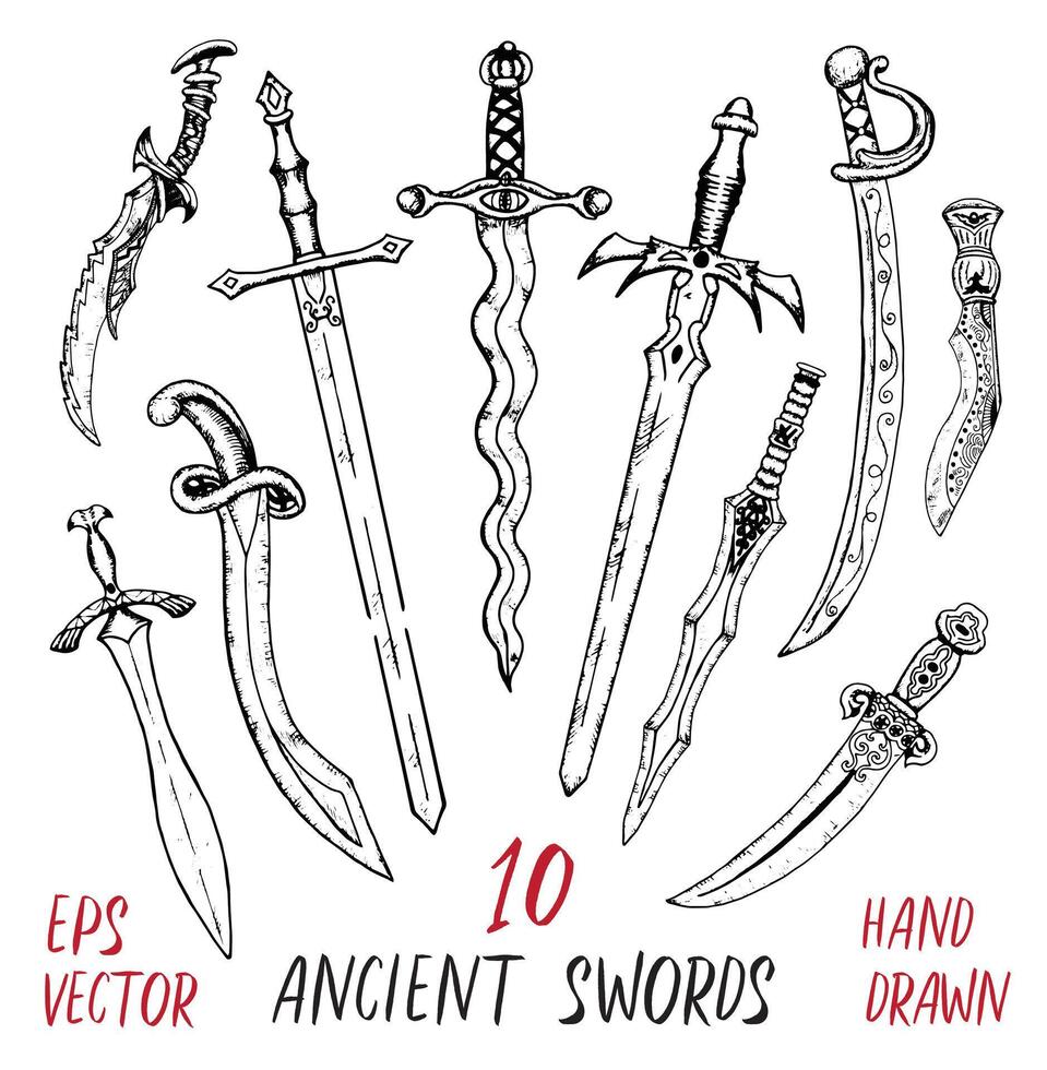 Hand drawn collection of ancient swords, old objects sketch vector