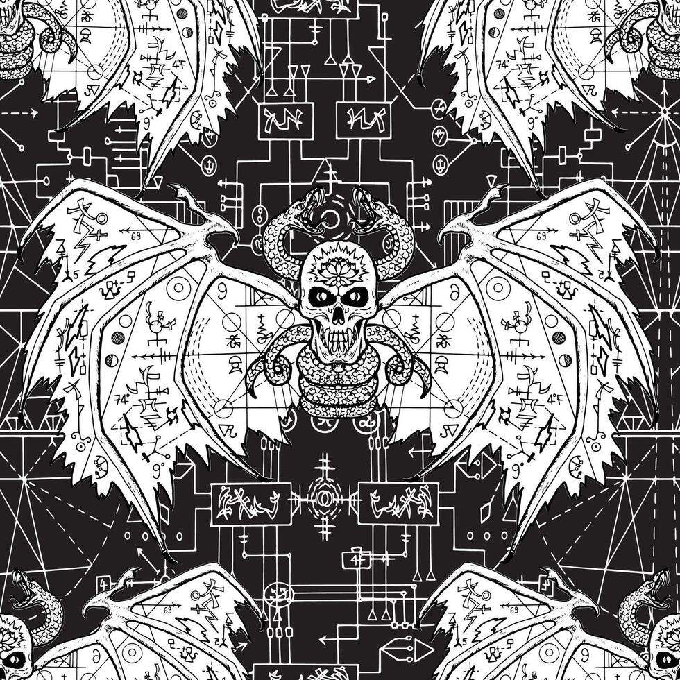 Seamless pattern with demon and mysterious symbols of sacred geometry vector