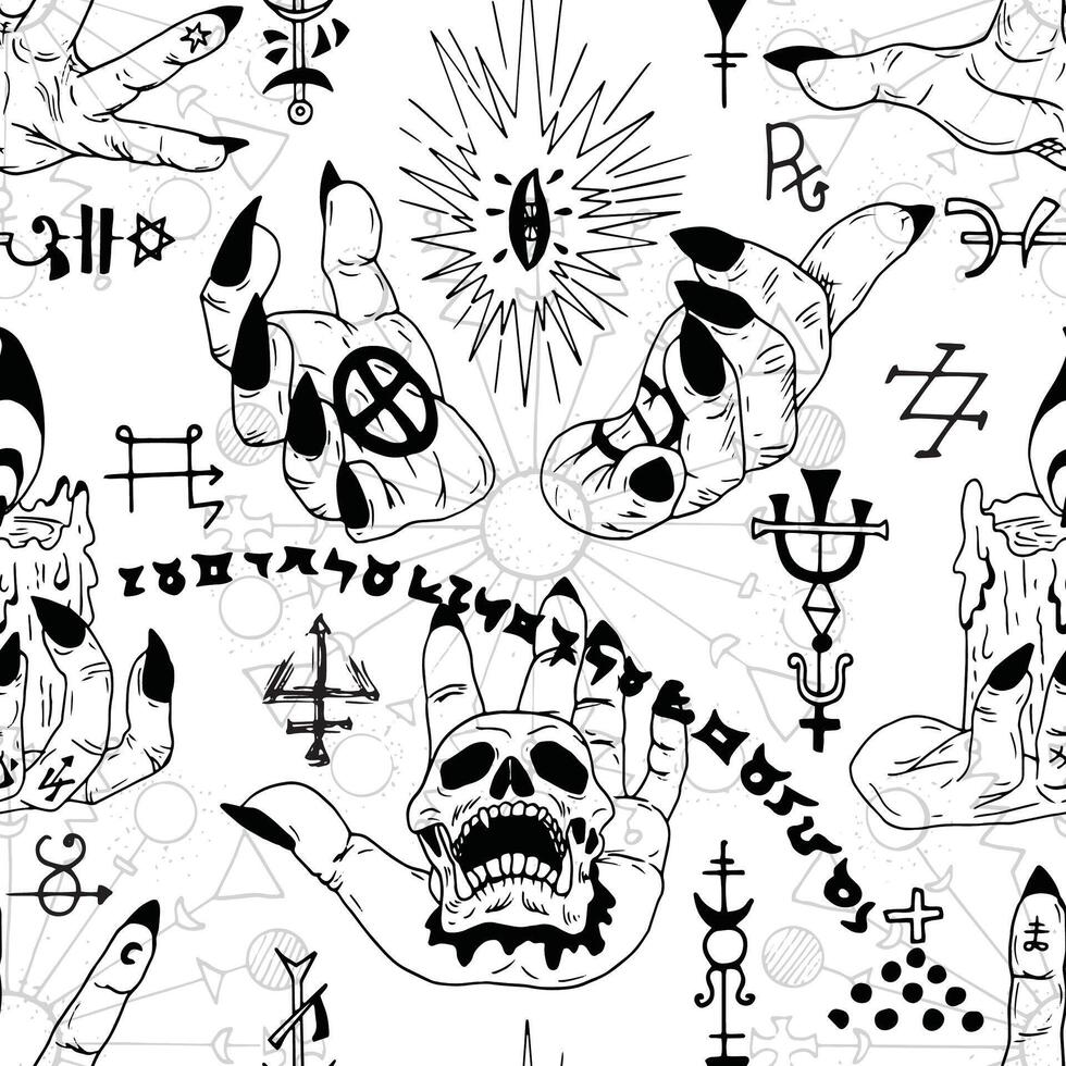 Seamless pattern with hands, skull and mysterious symbols vector