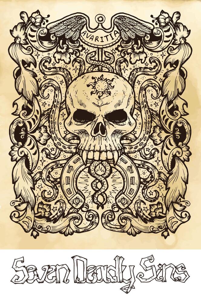 Greed. Latin word Avaritia means Avarice. Seven deadly sins concept on texture background vector