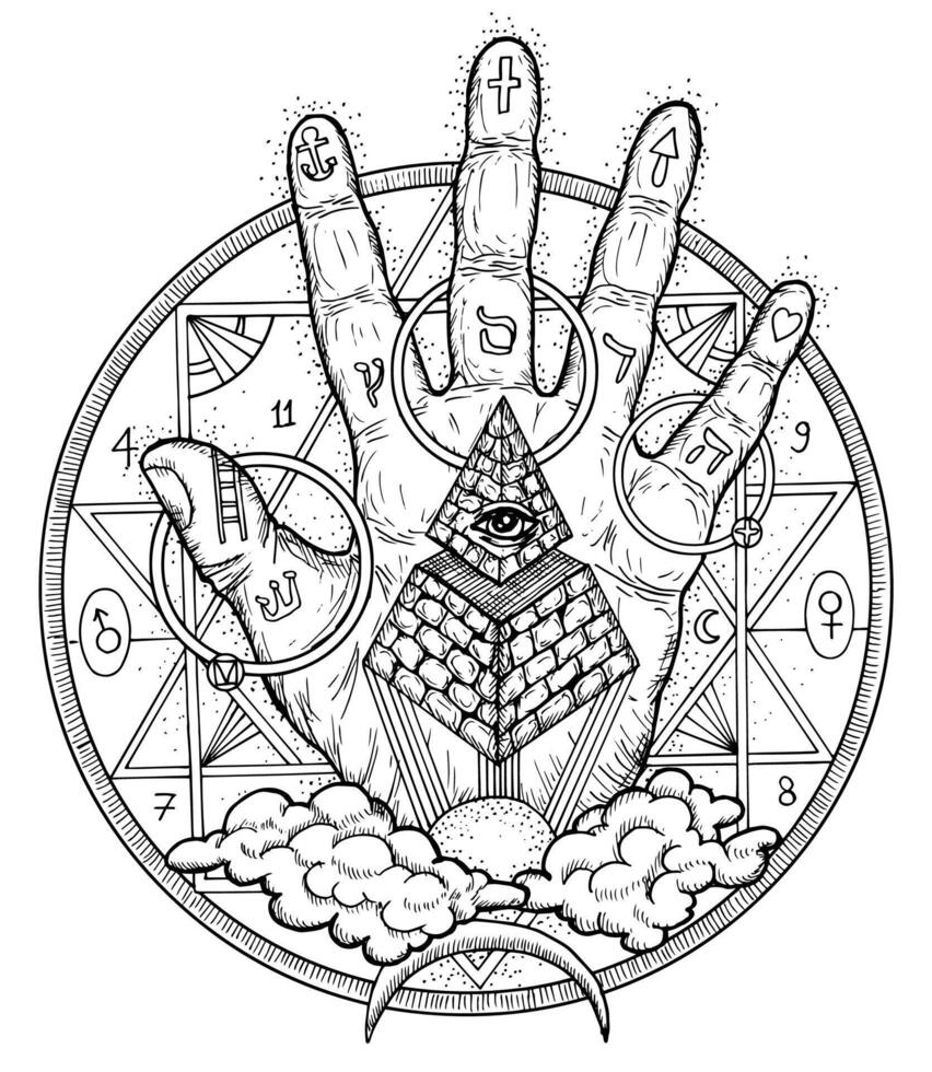 Graphic illustration with hand palm and mystic symbols vector