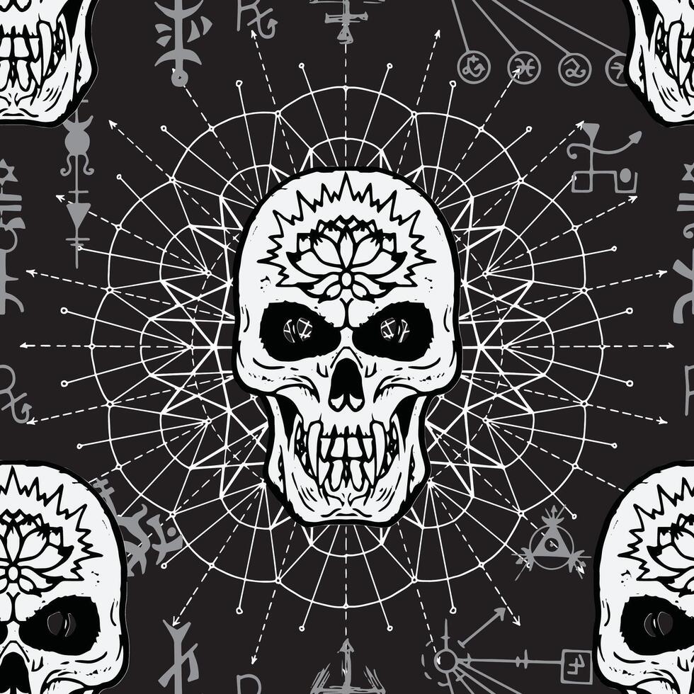 Seamless pattern with skull and mysterious symbols of sacred geometry vector