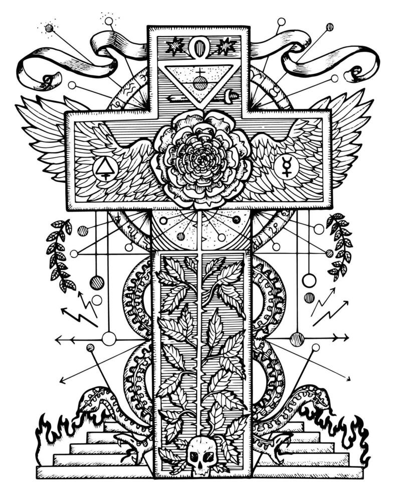 Graphic mystic illustration with cross and rose vector