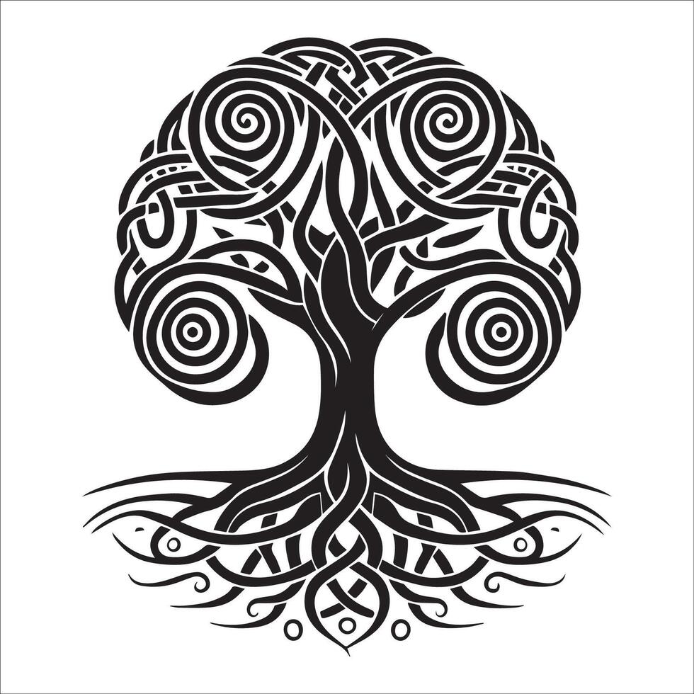 A Celtic tree with roots and branches creating a double spiral design illustration in black and white vector