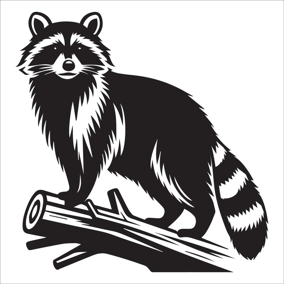 A Raccoon standing on a tree branch looking majestic illustration in black and white vector
