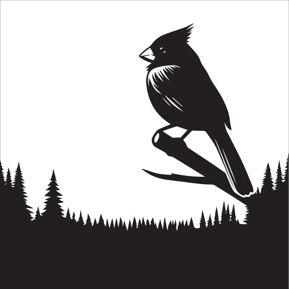 A Northern cardinal bird perched nobly on a high branch with a panoramic illustration vector