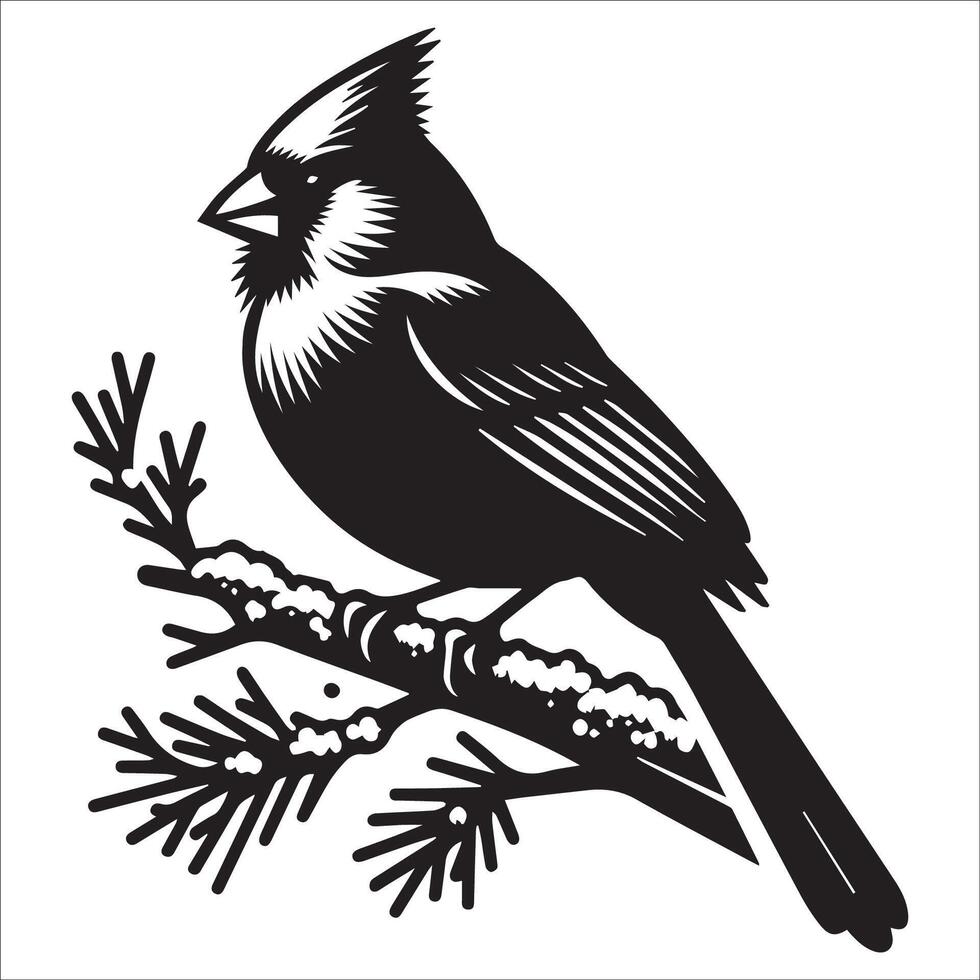 A Northern cardinal bird perched on a snow covered branch illustration in black and white vector